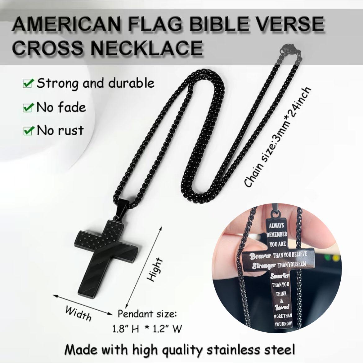 American Flag Bible Verse Stainless Steel Cross Necklace