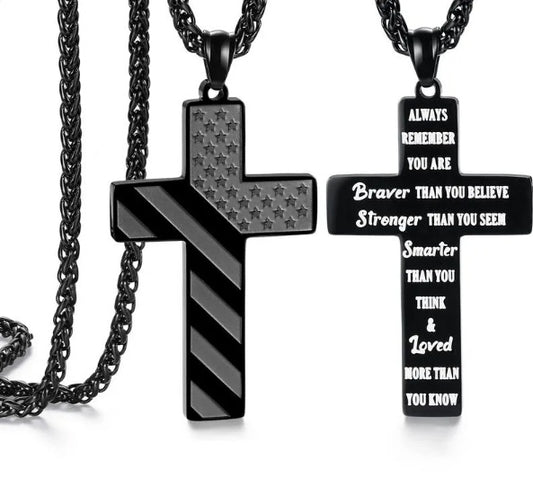 American Flag Bible Verse Stainless Steel Cross Necklace