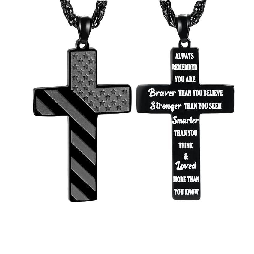 American Flag Bible Verse Stainless Steel Cross Necklace
