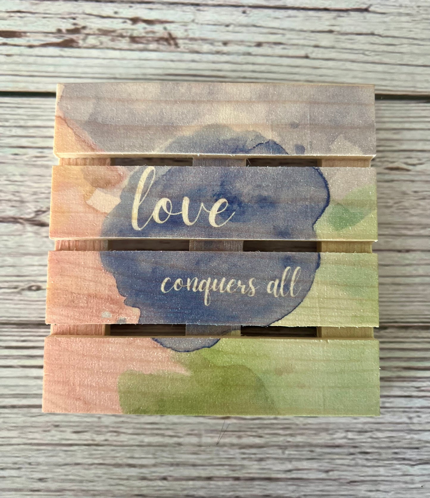 Mini Pallet Coaster - Love Conquers All