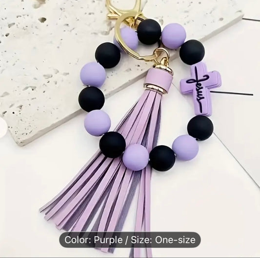 Silicone Beaded Cross Keychain With Tassel