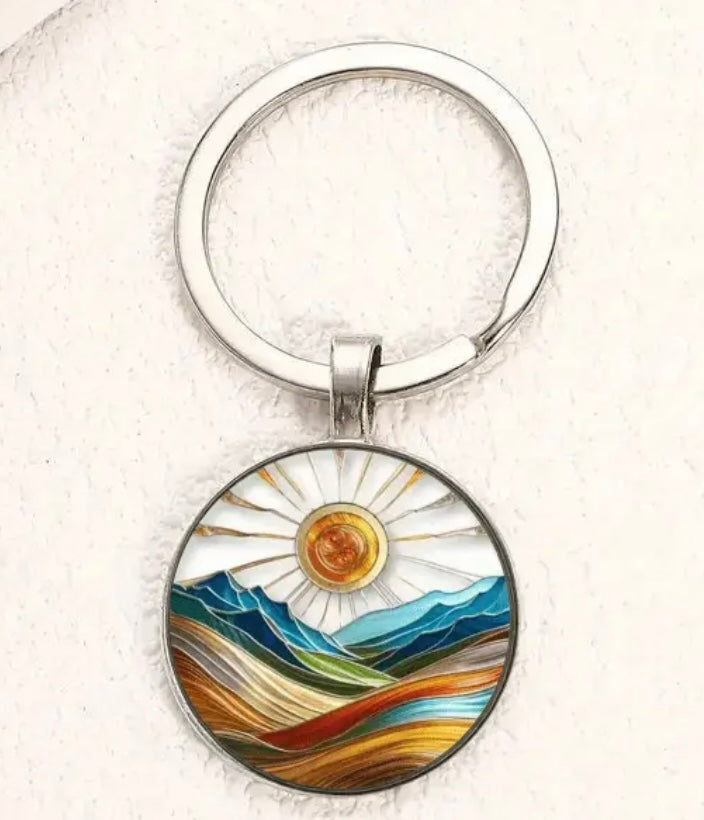 Vibrant Sunrise Mountain Landscape Keychain