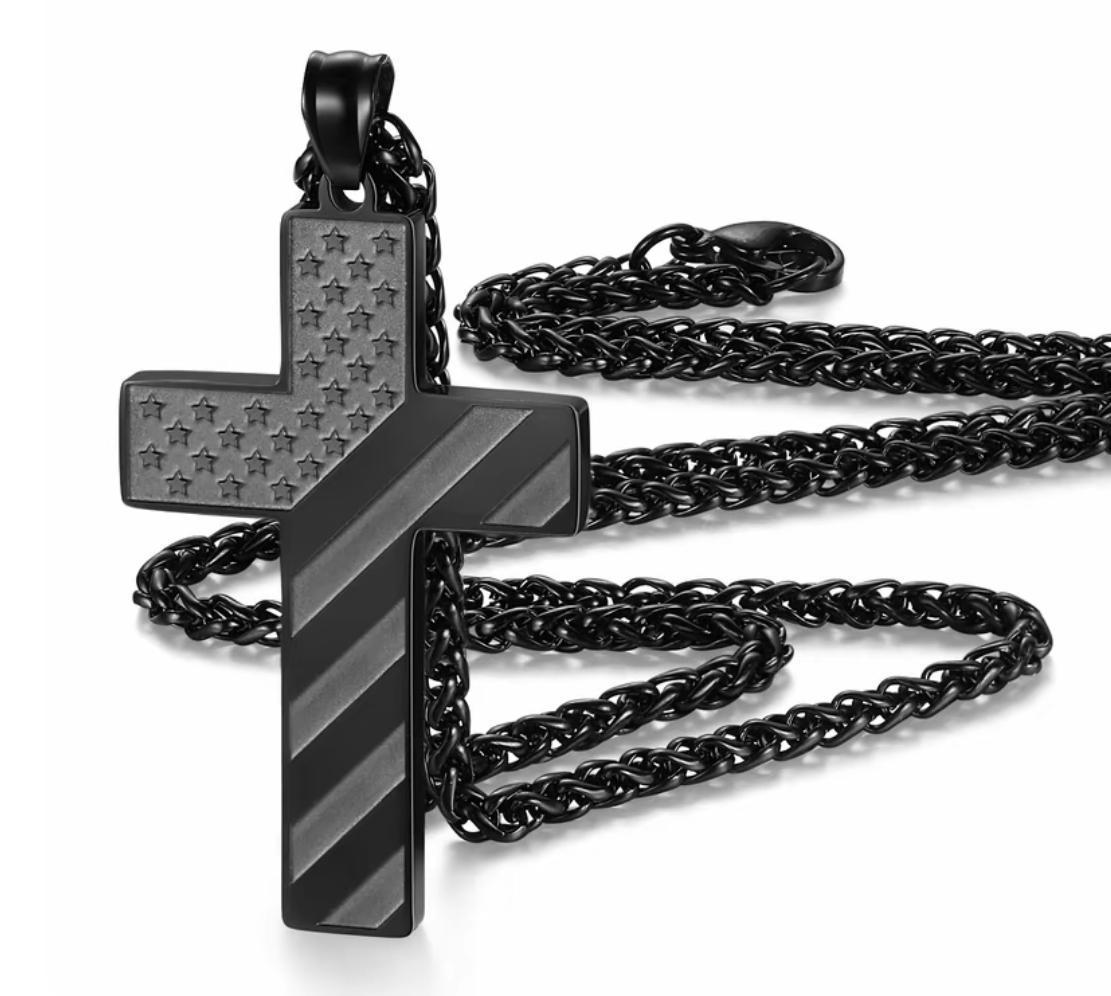 American Flag Bible Verse Stainless Steel Cross Necklace